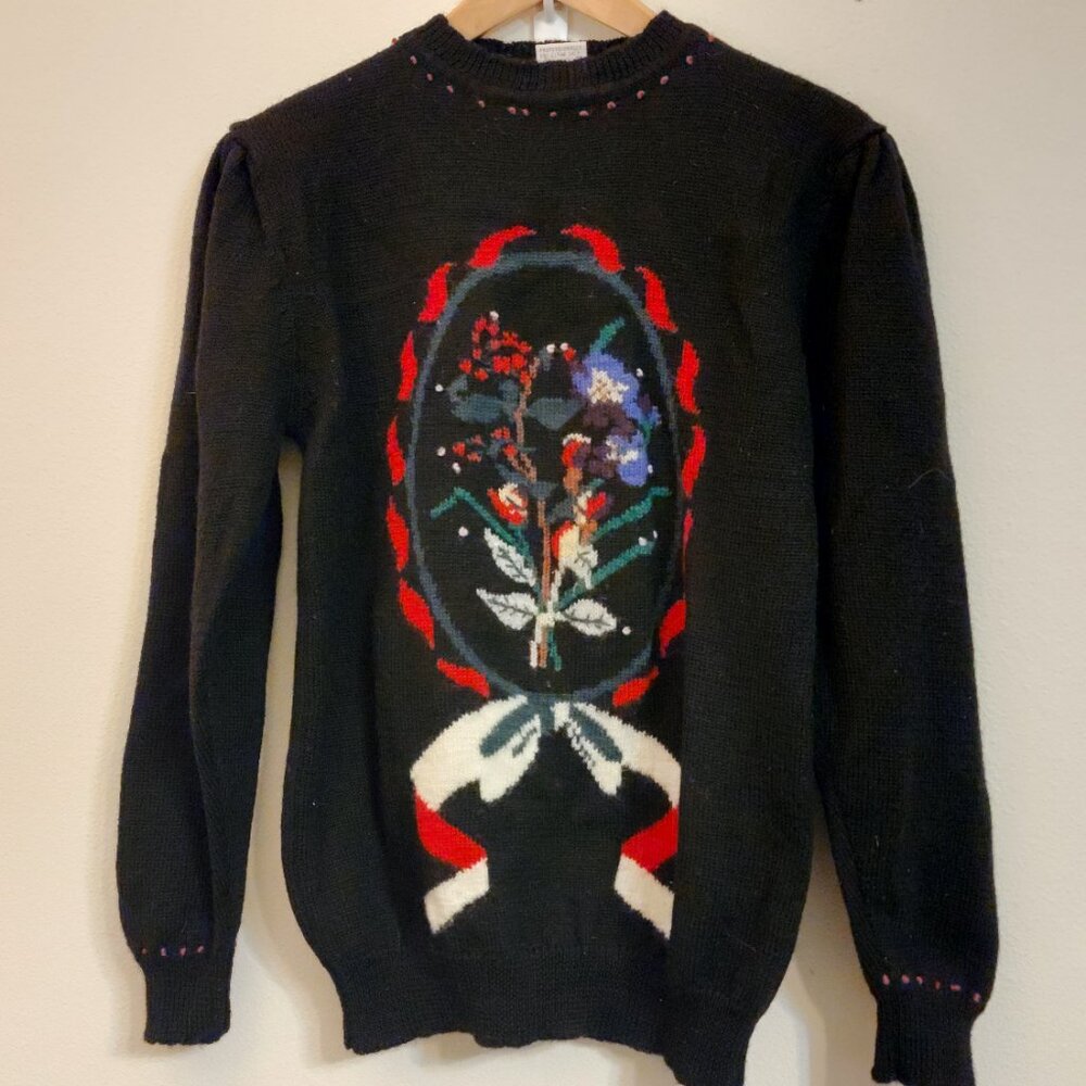 VTG Handknit Mock Neck Sweater Wool Size M Flower Ribbon Whimsical Fairy Grunge